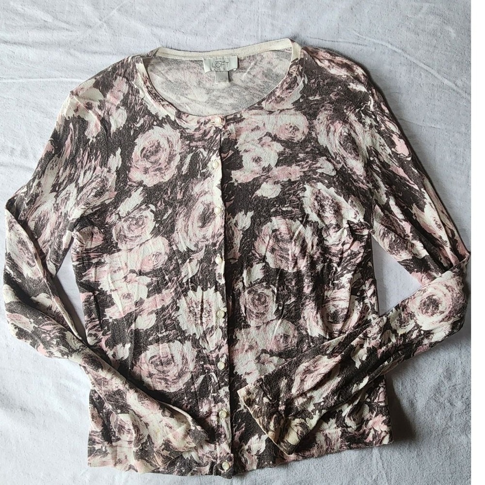 Ann Taylor Loft Pima Cotton Floral Rose Cardigan Sweater Pink Grey Womens Medium
